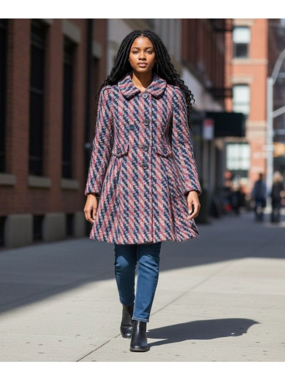 Pixie Wool-Blend Plaid Peacoat Womens S Red/Black Button Up Long Sleeve Coat